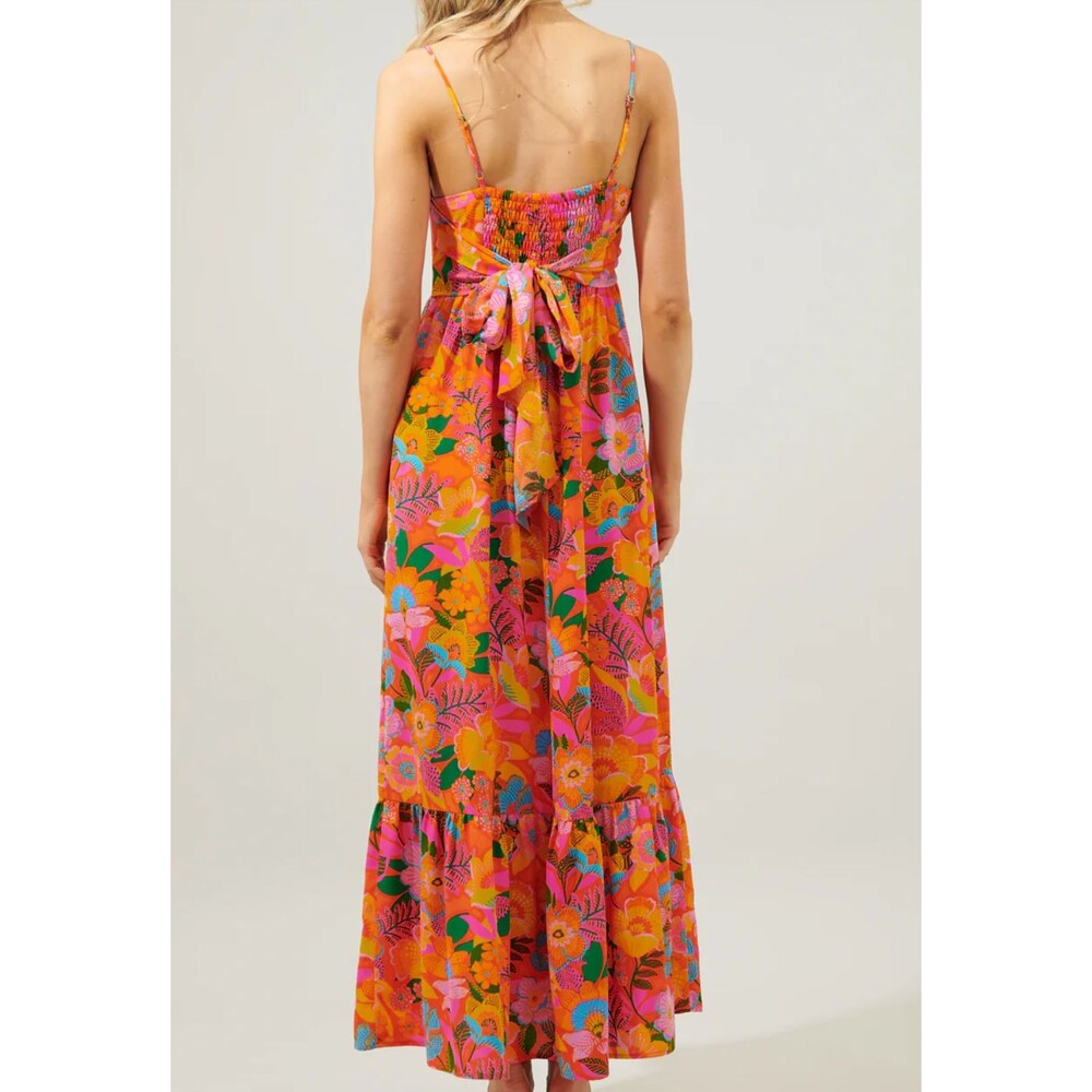 Sugarlips Idalia Tie Back Floral Maxi Dress Large Bright Tropical Boho Sundress - Picture 2 of 10